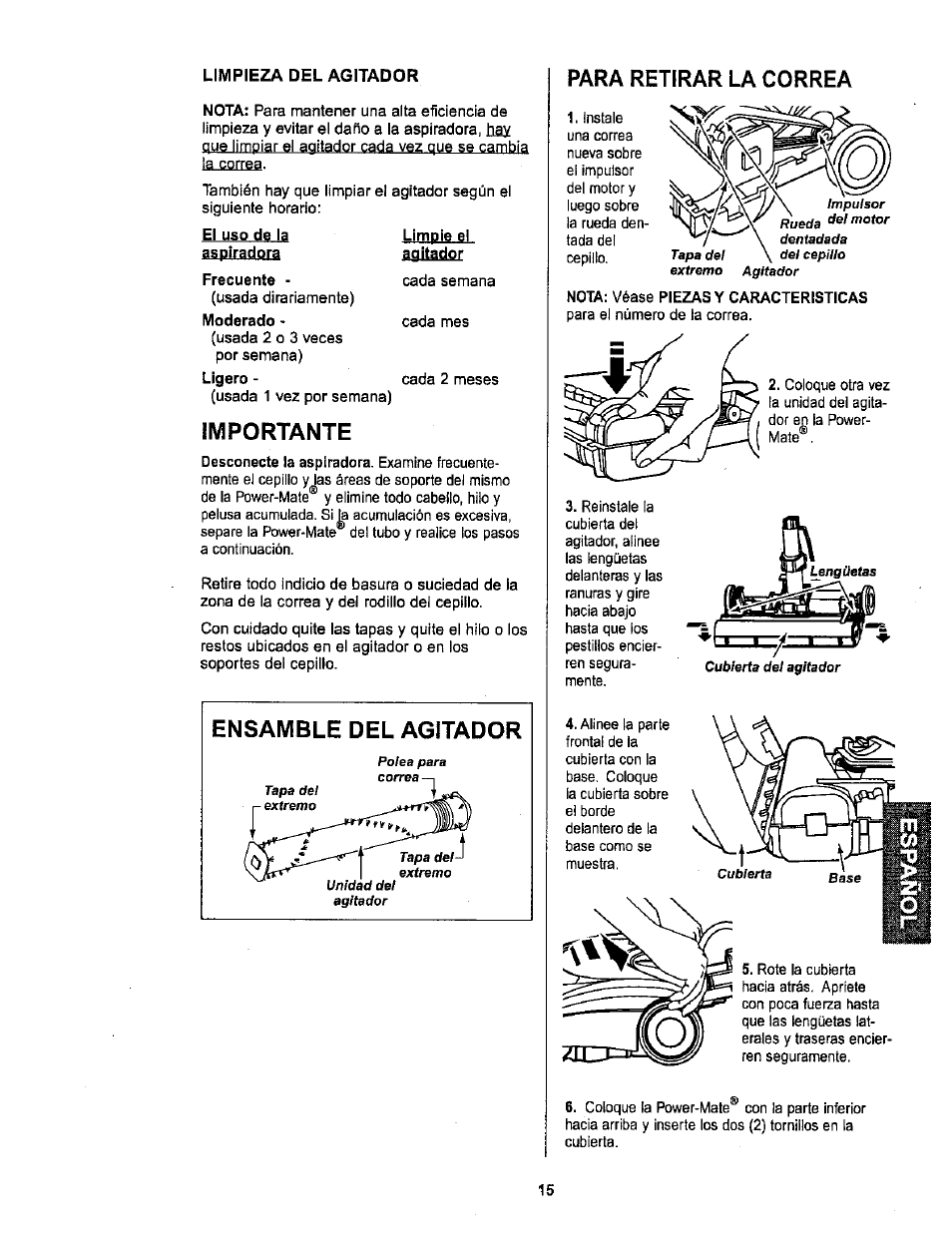 Importante, Ensamble del agitador, Para retirar la correa | Sears 116.26212 User Manual | Page 33 / 36