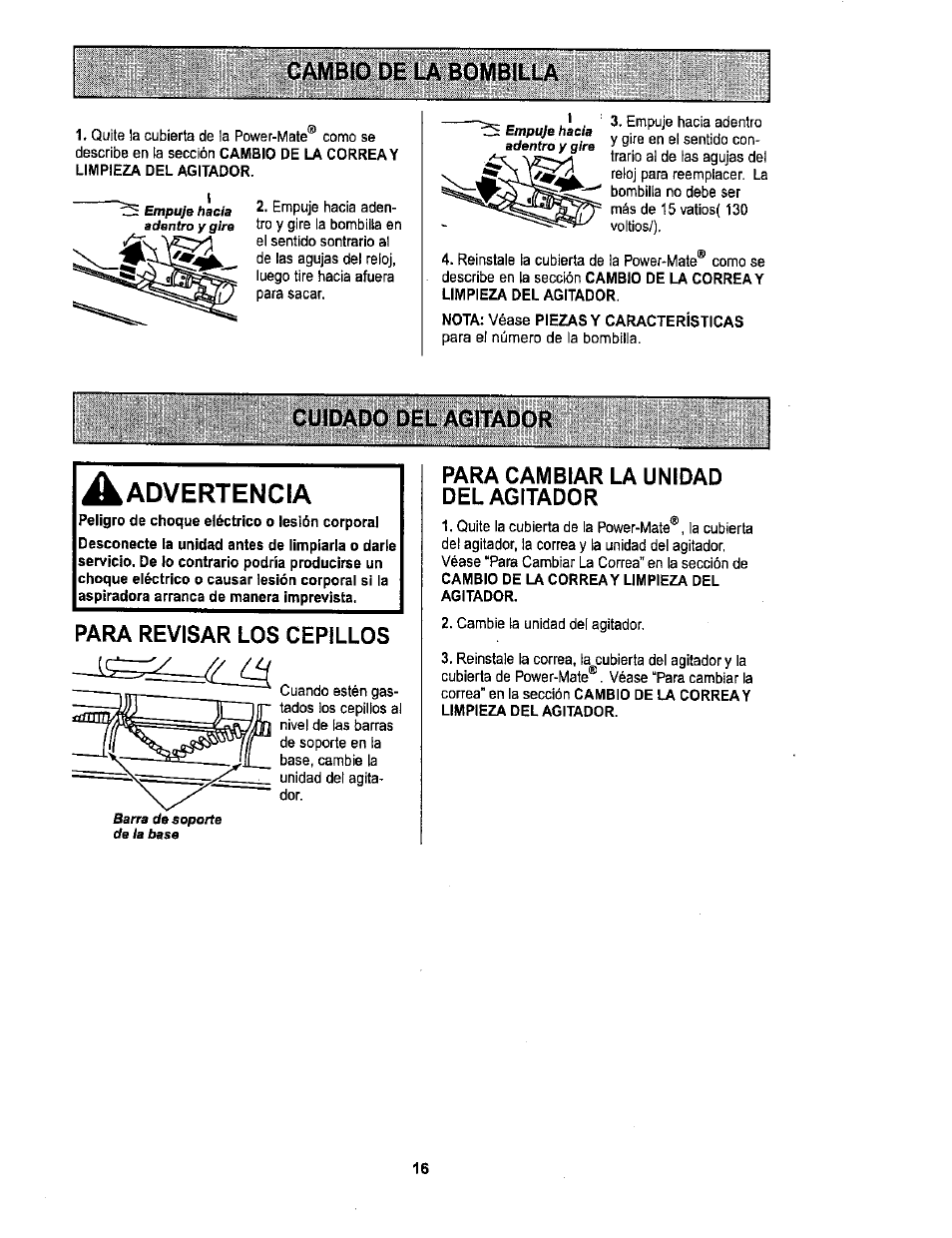 Cuidado del agitador, Para revisar los cepillos, Para cambiar la unidad del agitador | Advertencia | Sears 116.26212 User Manual | Page 34 / 36