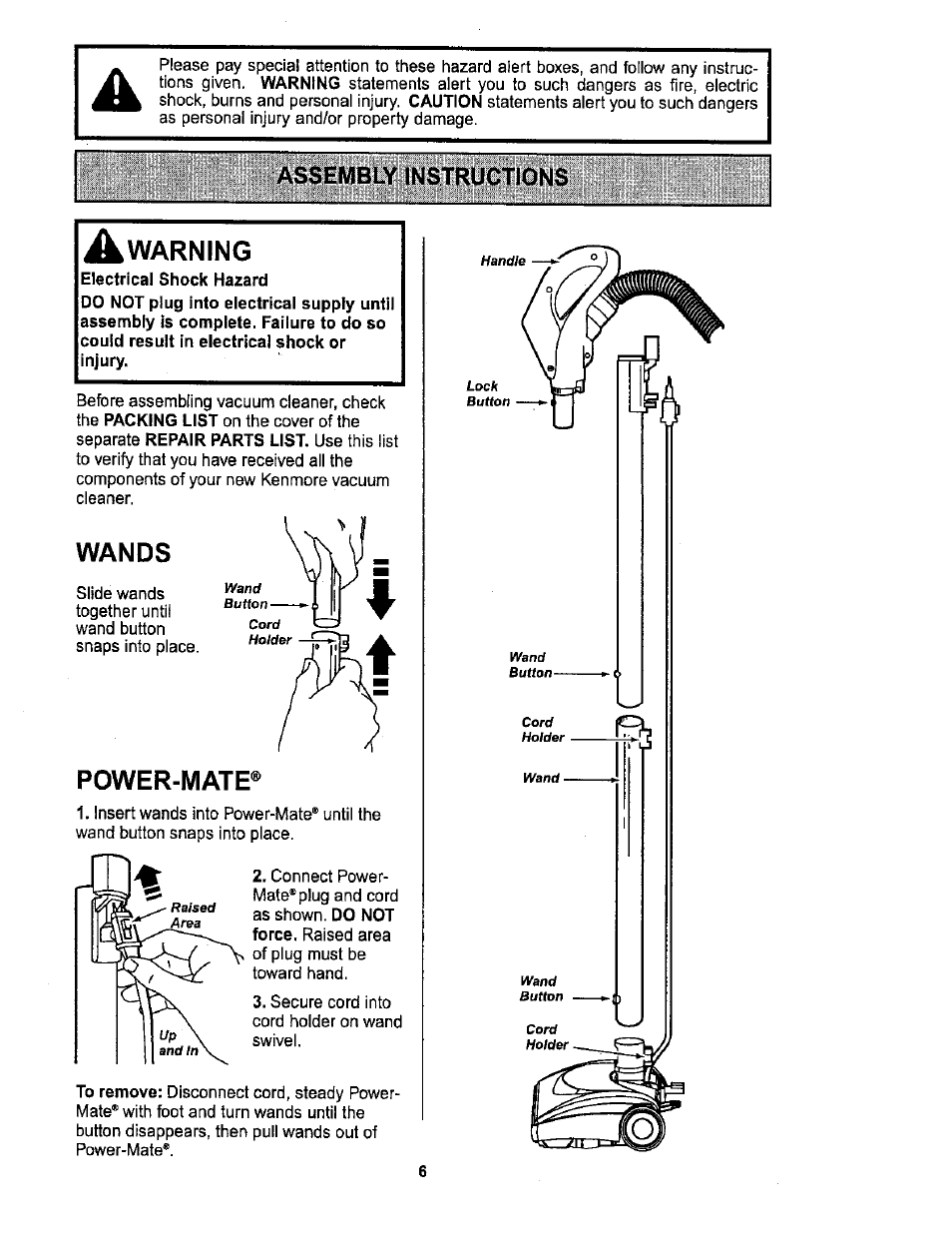 Warning, Wands, Power-mate | Assembly instructions | Sears 116.26212 User Manual | Page 6 / 36