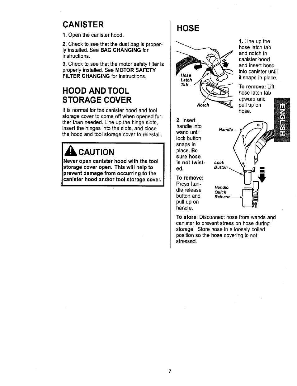 Canister, Hood and tool storage cover, Caution | Hose | Sears 116.26212 User Manual | Page 7 / 36