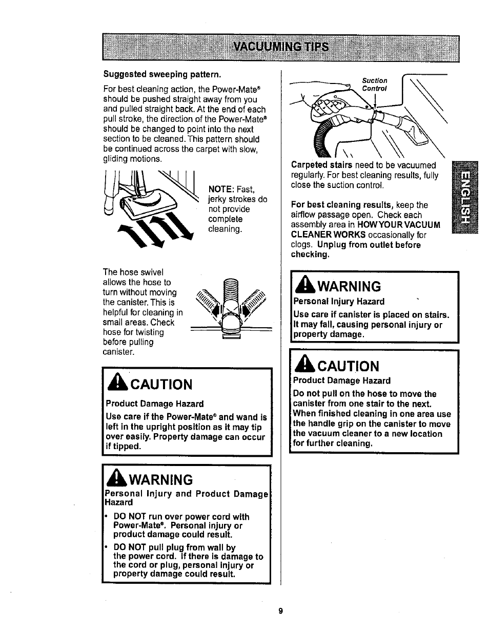 Vacuuming tips, A warning, Caution | Sears 116.26212 User Manual | Page 9 / 36