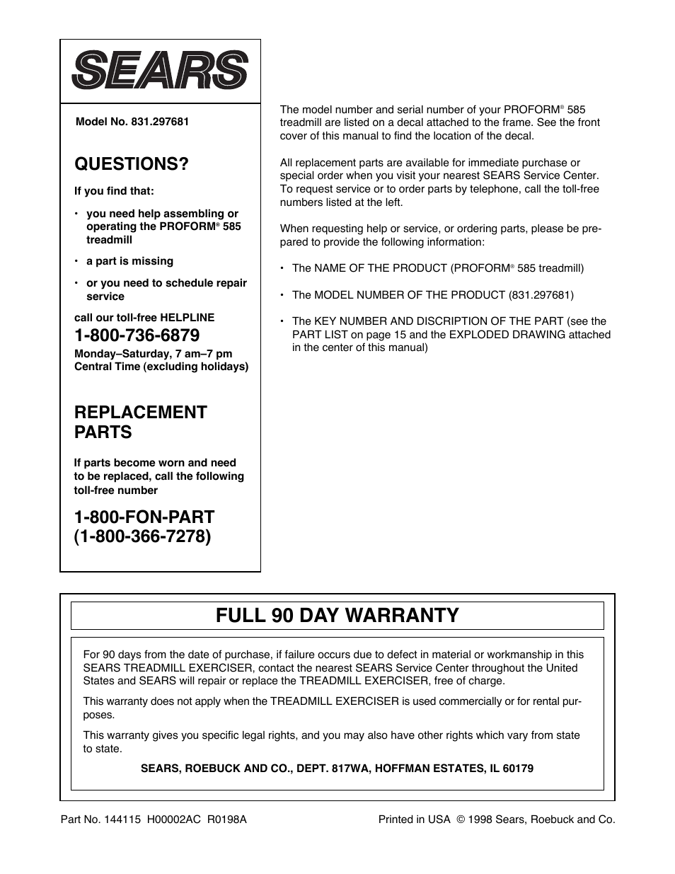 Full 90 day warranty, Questions, Replacement parts | Sears 831.297681 User Manual | Page 18 / 18