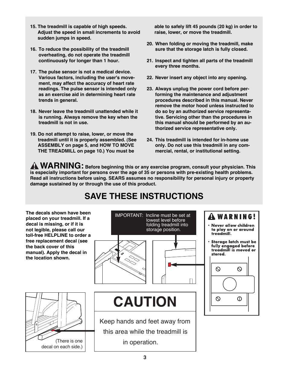 Caution, Warning, Save these instructions | Sears 831.297681 User Manual | Page 3 / 18