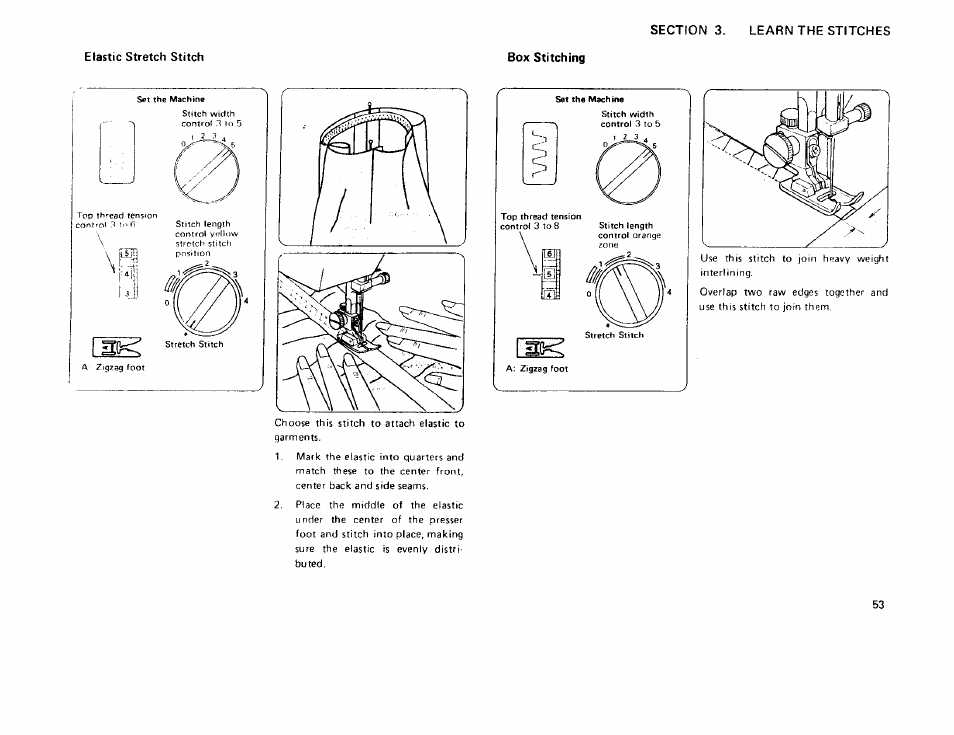 Elastic stretch stitch, Box stitching | Sears 385 User Manual | Page 56 / 70