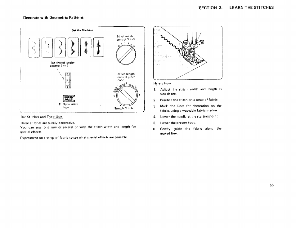 Decorate with geometric patterns, Sections. learn the stitches | Sears 385 User Manual | Page 58 / 70