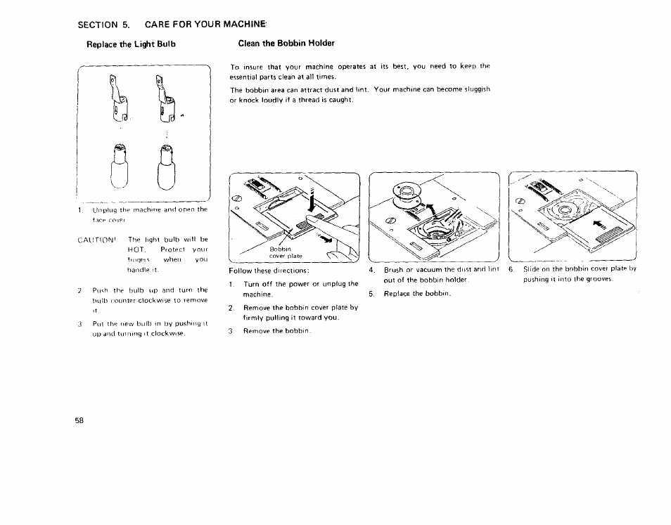 Replace the light bulb clean the bobbin holder | Sears 385 User Manual | Page 61 / 70