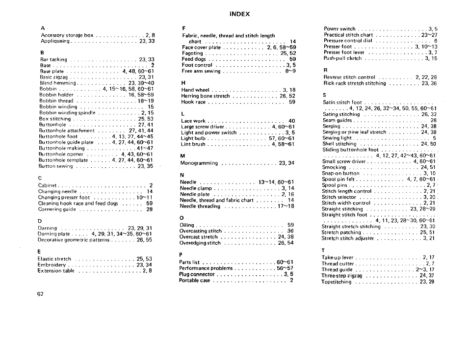 Index | Sears 385 User Manual | Page 65 / 70
