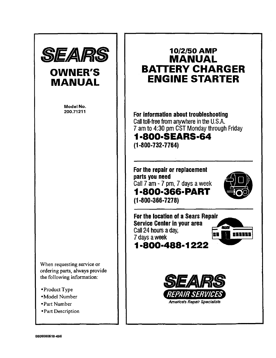 Owner's, Manual, Battery charger engine starter | Owner's manual, Manual battery charger engine starter | Sears 200.71211 User Manual | Page 12 / 12