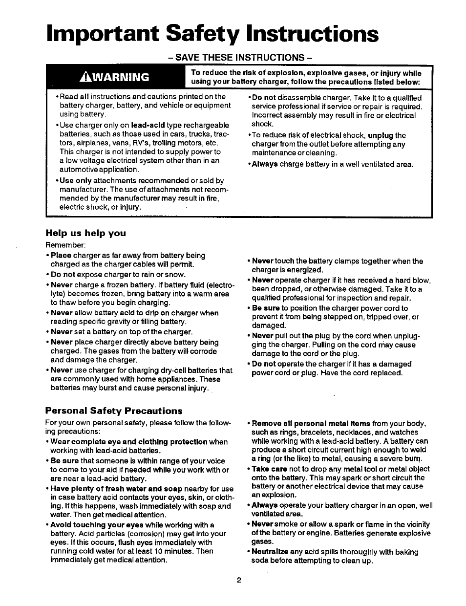 Important safety instructions, Save these instructions, Help us help you | Personal safety precautions, Warning | Sears 200.71211 User Manual | Page 3 / 12
