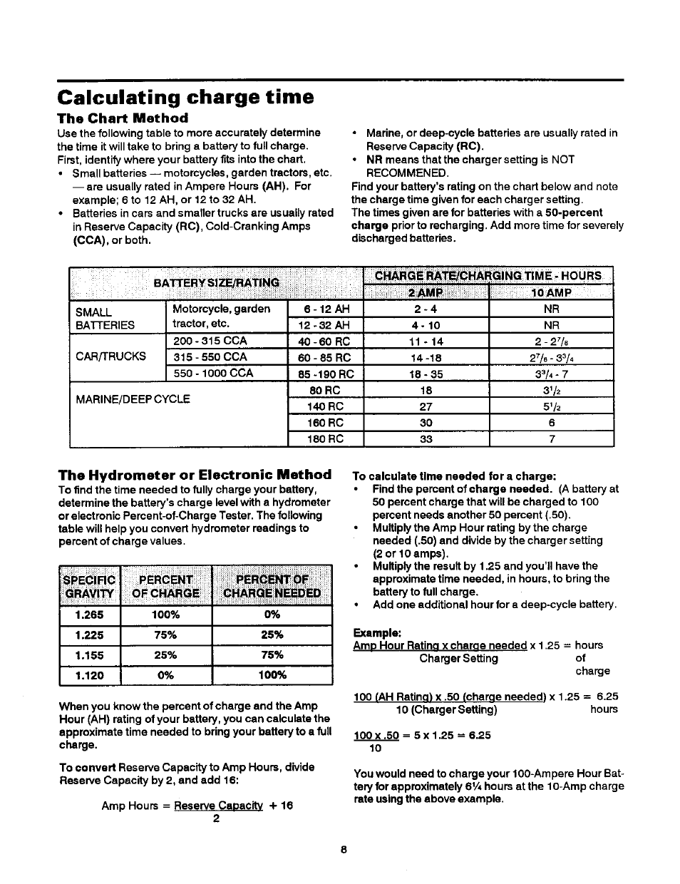 Calculating charge time, The chart method, The hydrometer or electronic method | Sears 200.71211 User Manual | Page 9 / 12