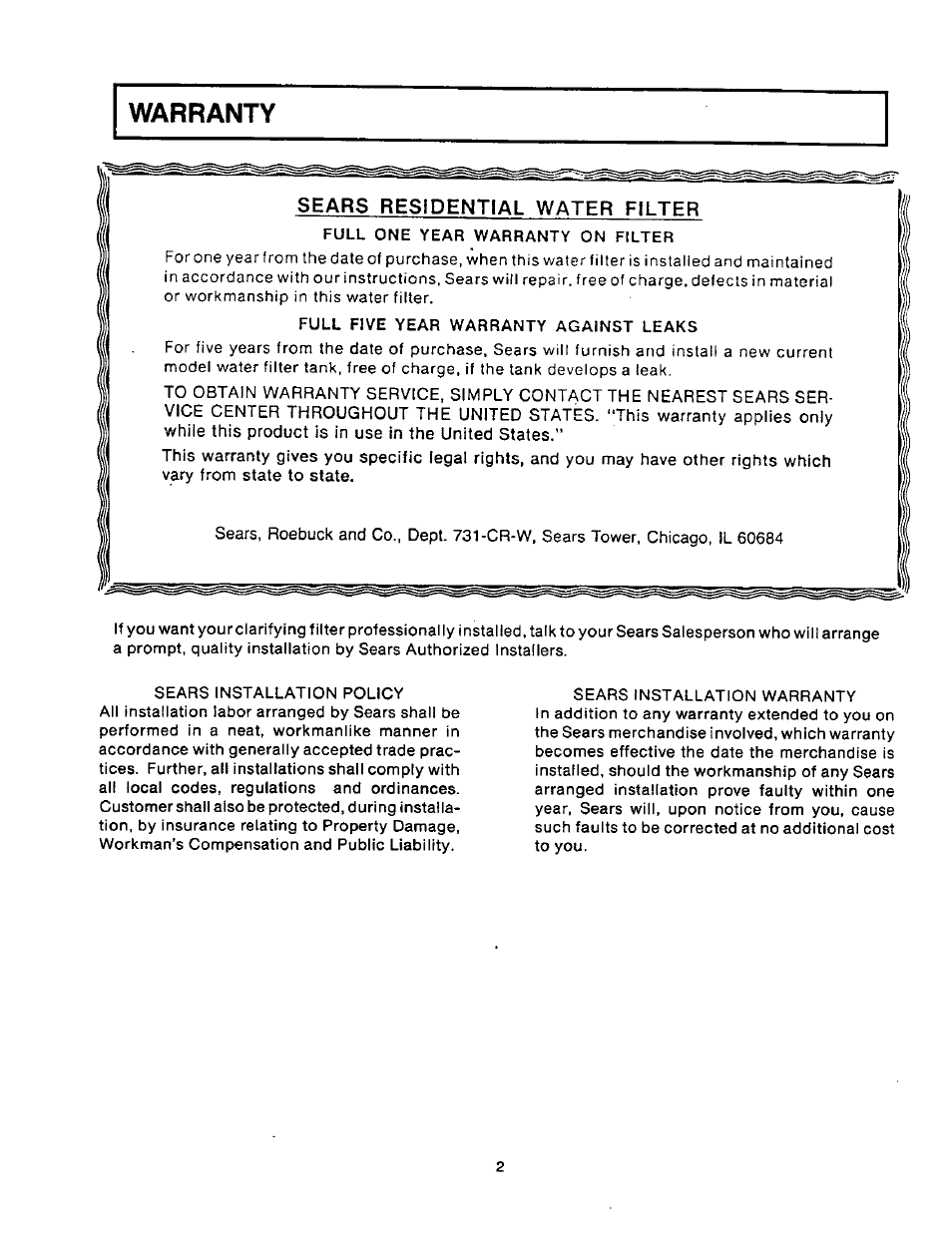 Warranty, Sears residential water filter | Sears 625.34823 User Manual | Page 2 / 24