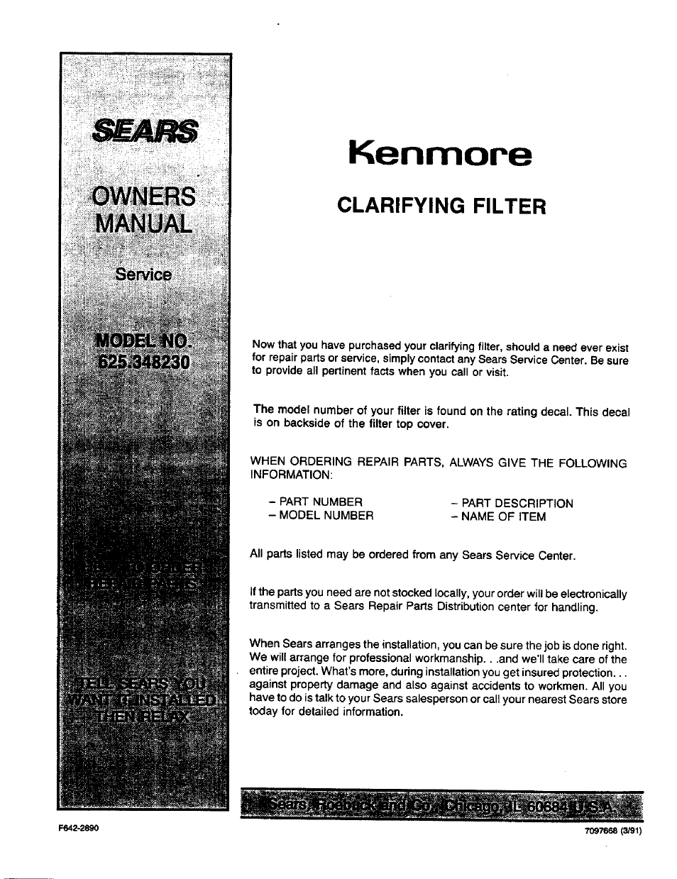 Clarifying filter, Kenmore, Manual | Service | Sears 625.34823 User Manual | Page 24 / 24