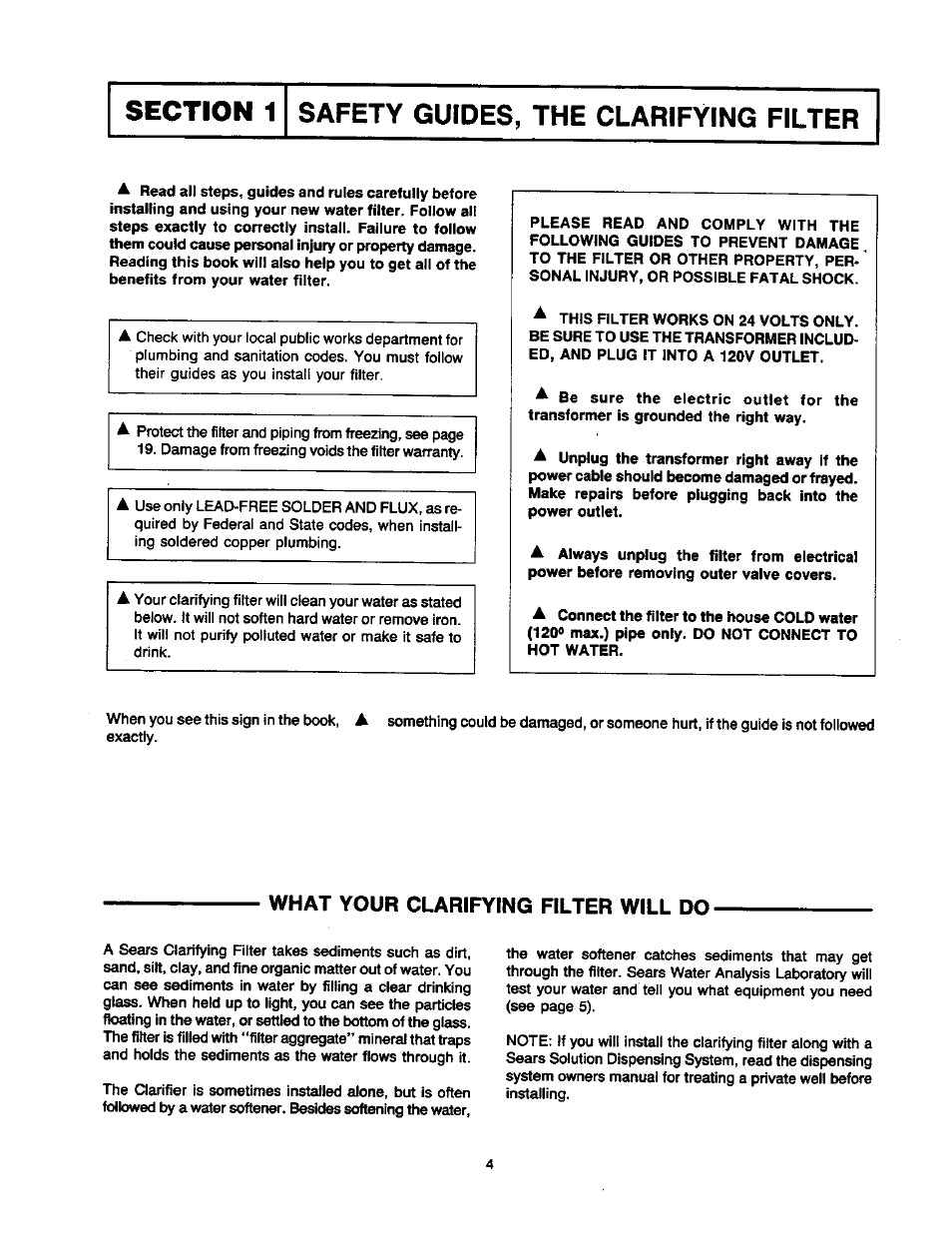 Section 1, Safety guides, the clarifying filter | Sears 625.34823 User Manual | Page 4 / 24