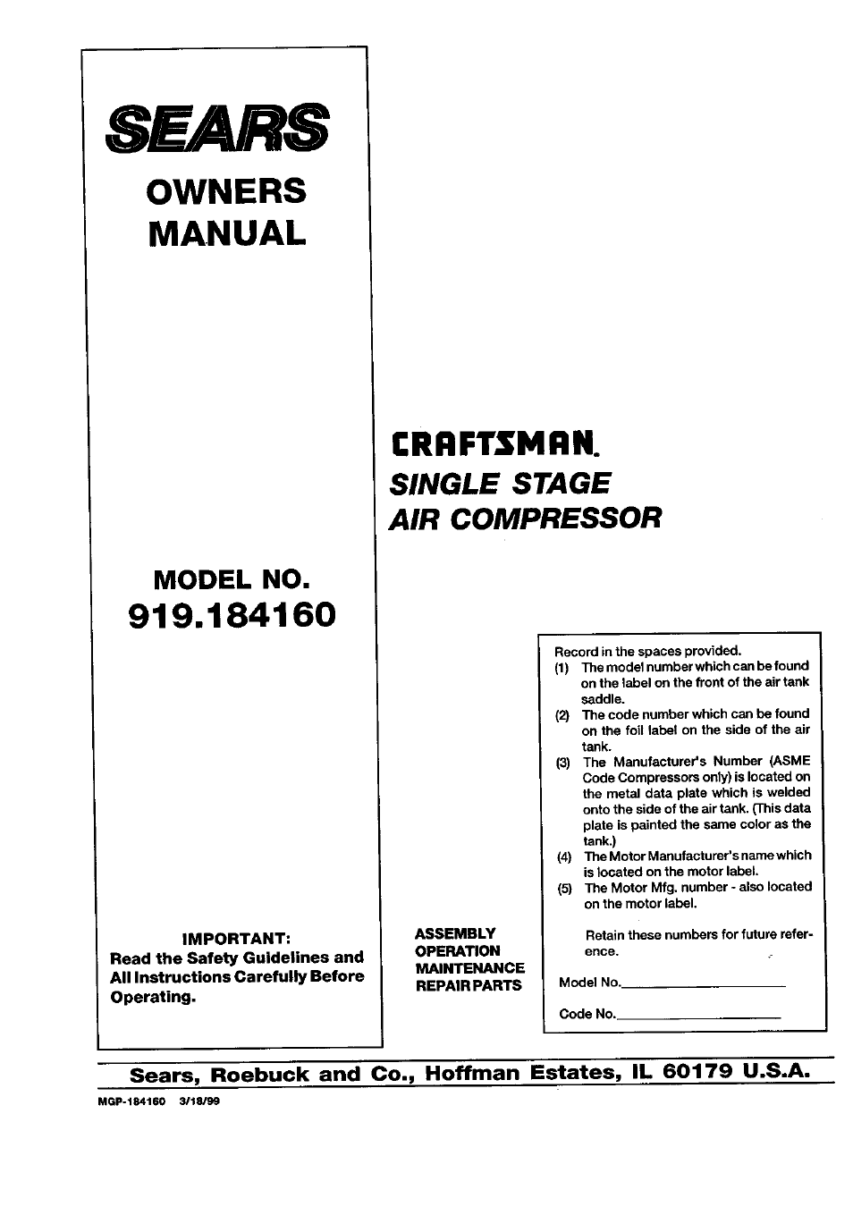 Sears 919.18416 User Manual | 16 pages