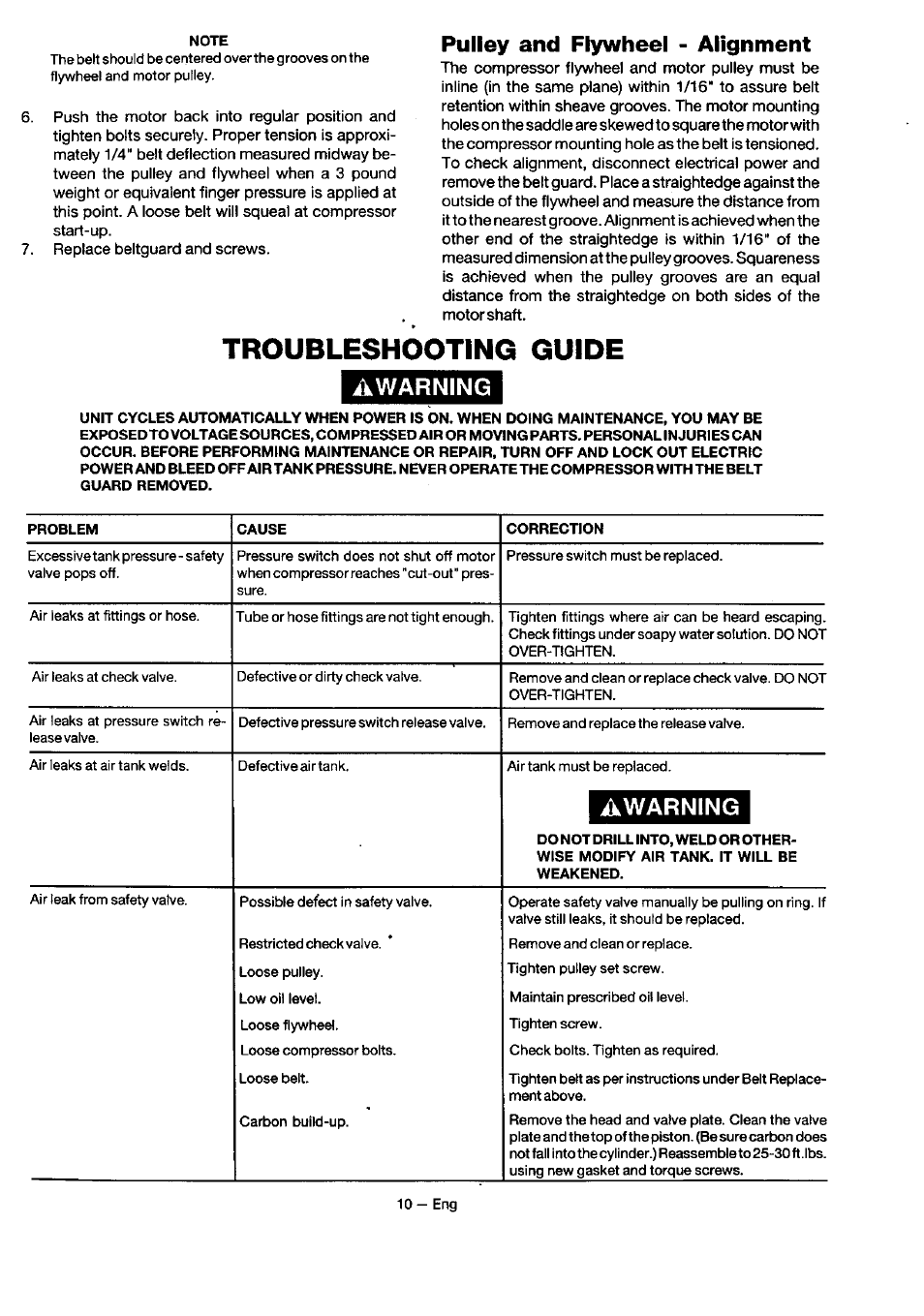 Pulley and flywheel - alignment, Troubleshooting guide, Awarning | Pulieyand flywheel - alignment | Sears 919.18416 User Manual | Page 10 / 16