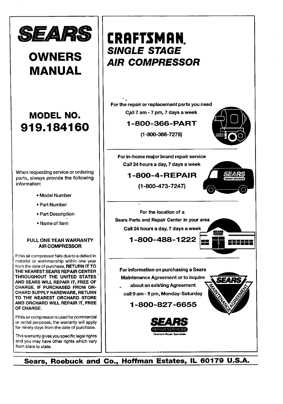 Owners, Manual, Model no | 800-366-part, 800-4-repair, Crflftsmrn, Owners manual, Single stage air compressor | Sears 919.18416 User Manual | Page 16 / 16