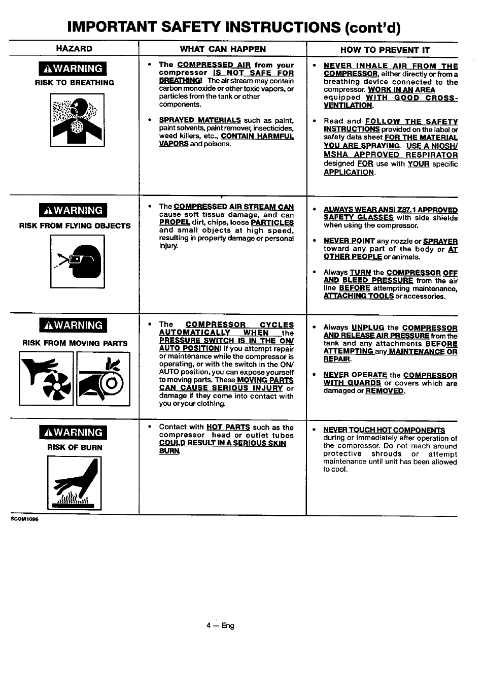 Important safety instructions (cont’d), Hazard, What can happen | How to prevent it, Awarning | Sears 919.18416 User Manual | Page 4 / 16