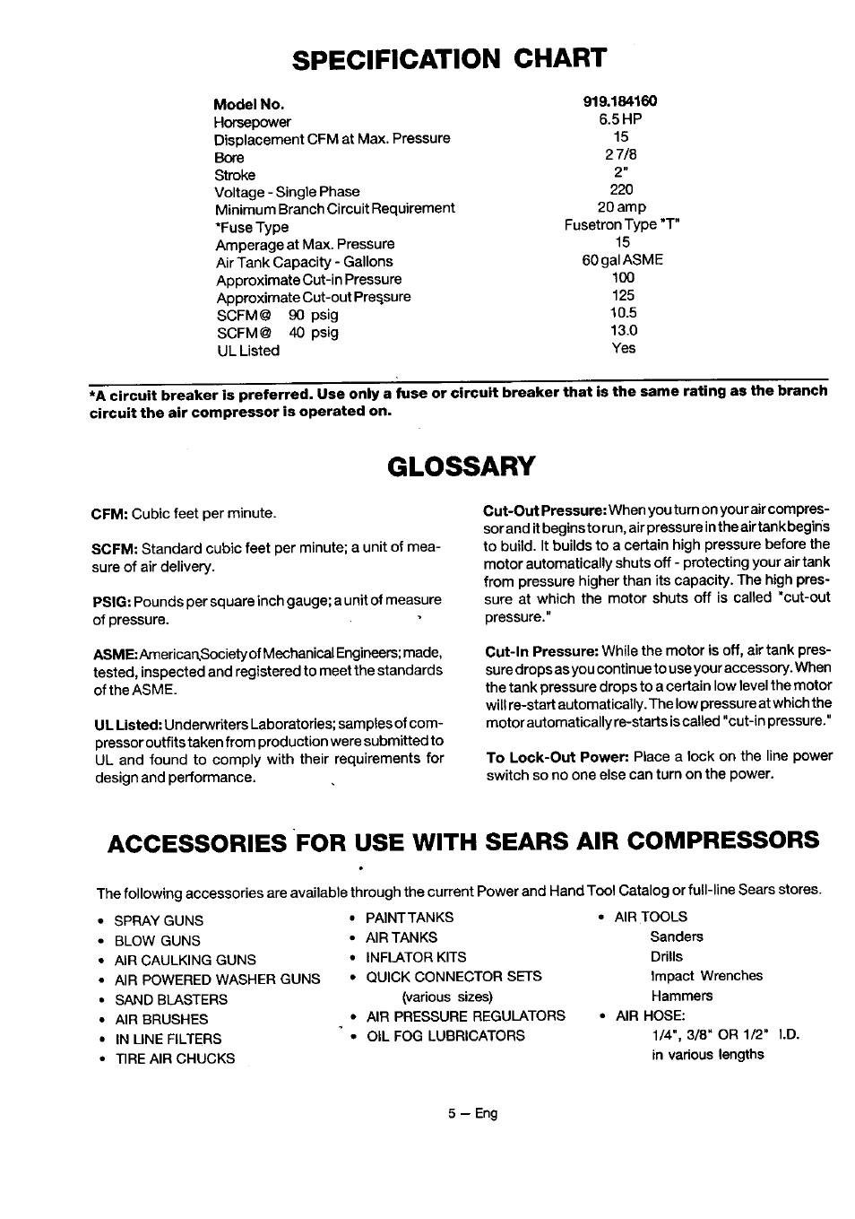 Specification chart, Glossary, Accessories for use with sears air compressors | Sears 919.18416 User Manual | Page 5 / 16