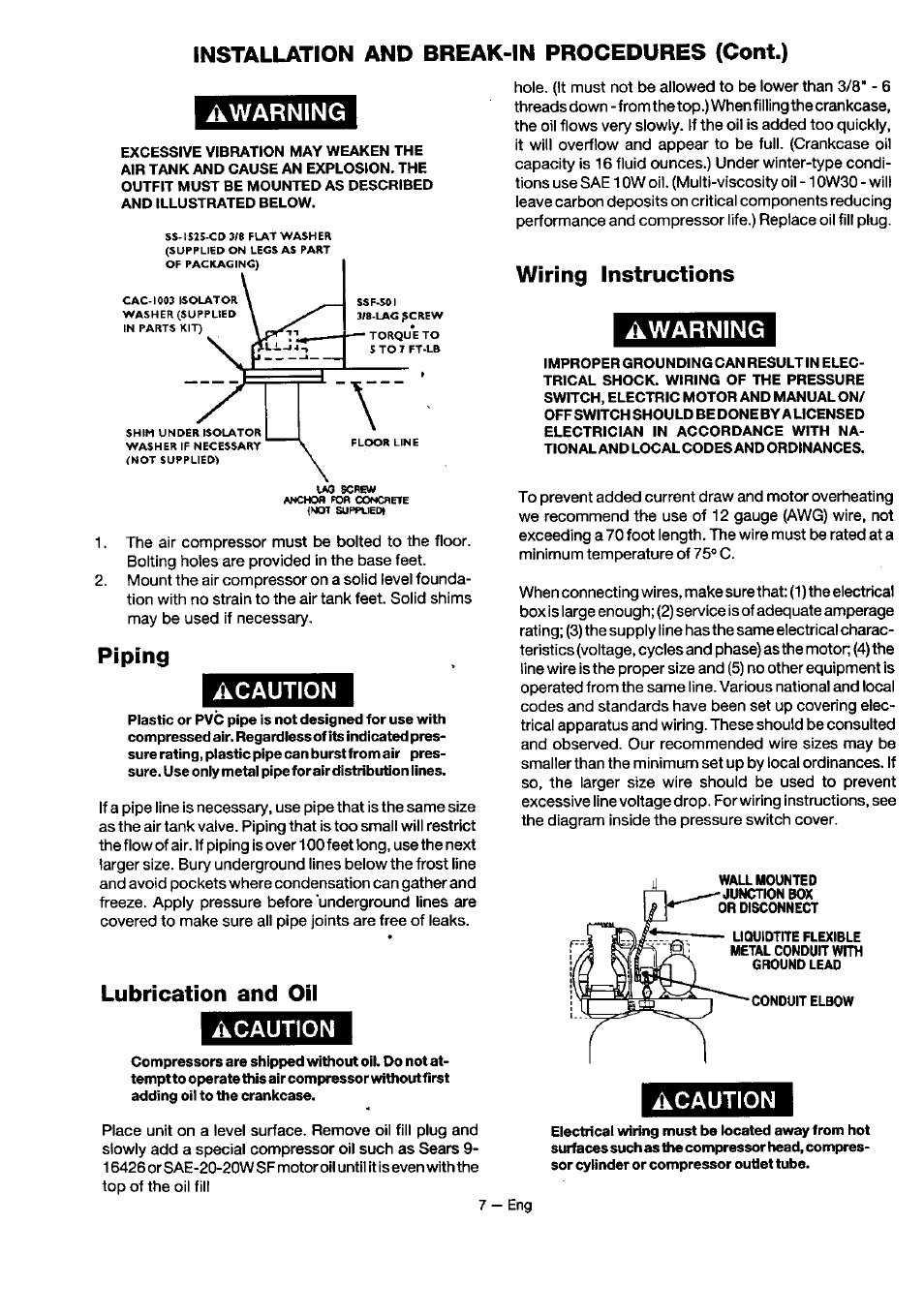 Awarning, Acaution, Piping acaution | Lubrication and oil acaution, Wiring instructions awarning | Sears 919.18416 User Manual | Page 7 / 16
