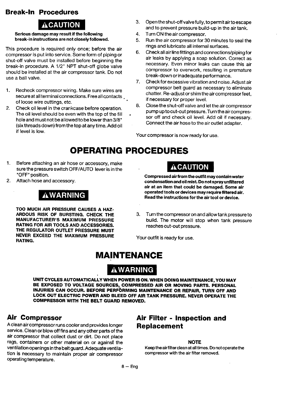 Break-in procedures, Acaution, Operating procedures | Awarning, Maintenance, Air compressor, Air filter - inspection and replacement, Note, Searsair compressors, Break-in procedures acaution | Sears 919.18416 User Manual | Page 8 / 16