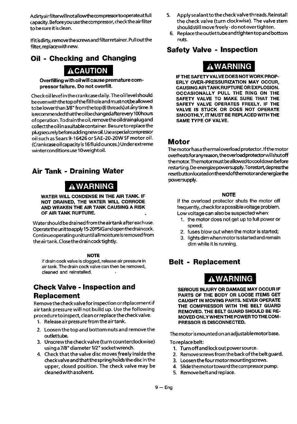 Oil - checking and changing, Acaution, Air tank - draining water | Awarning, Check valve - inspection and replacement, Safety valve - inspection, Motor, Belt - replacement, Airtank-draining water, Safety valve inspection | Sears 919.18416 User Manual | Page 9 / 16
