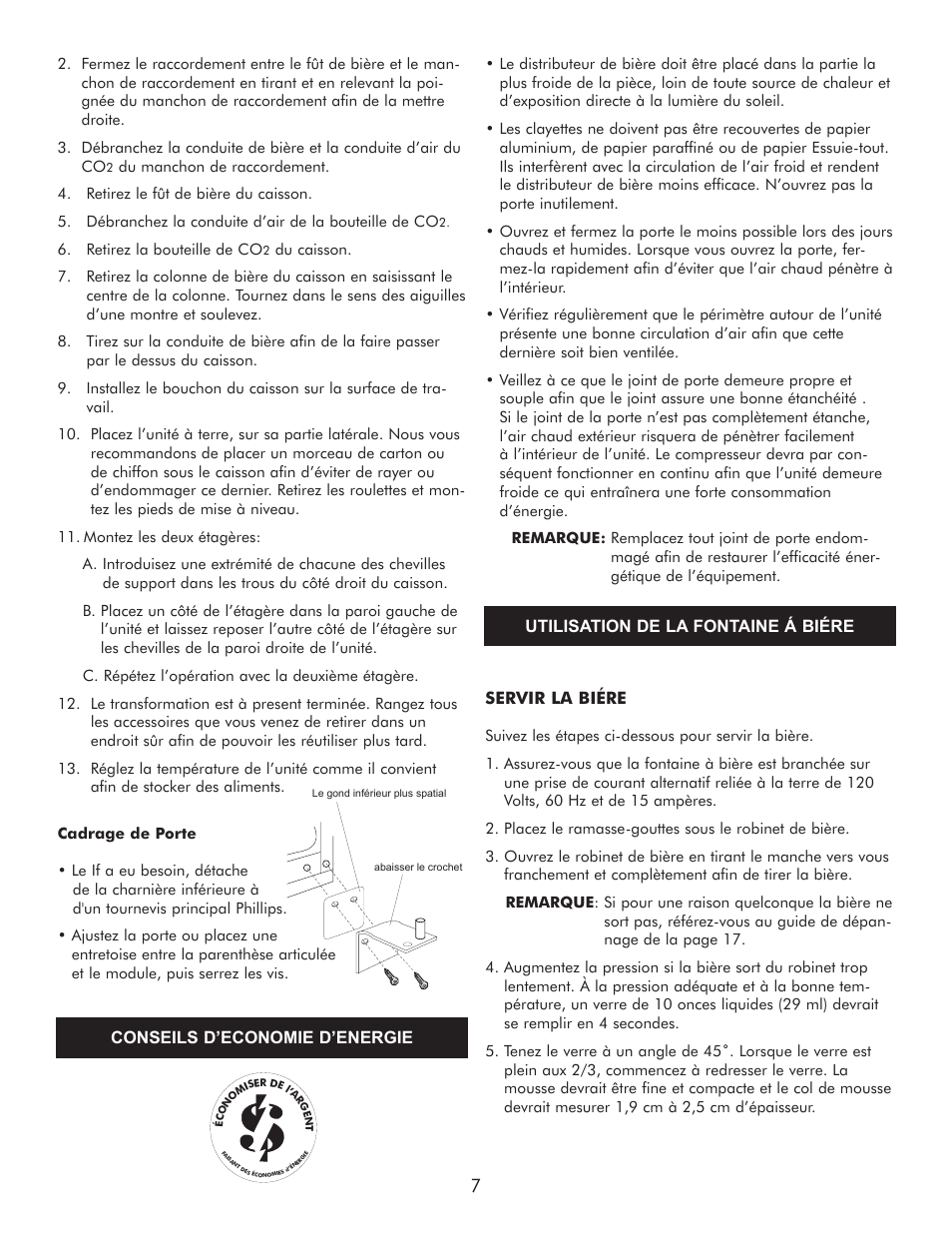 Servir la biére, Conseils d’economie d’energie, Utilisation de la fontaine á biére | Sears 183.91579 User Manual | Page 24 / 52