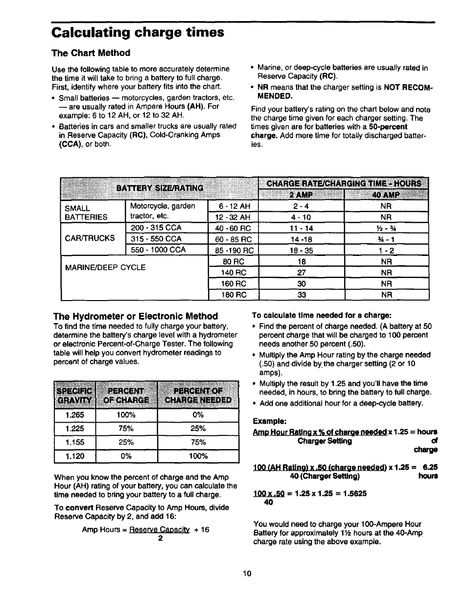 Calculating charge times, The chart method, The hydrometer or electronic method | Sears 200.7123 User Manual | Page 11 / 14