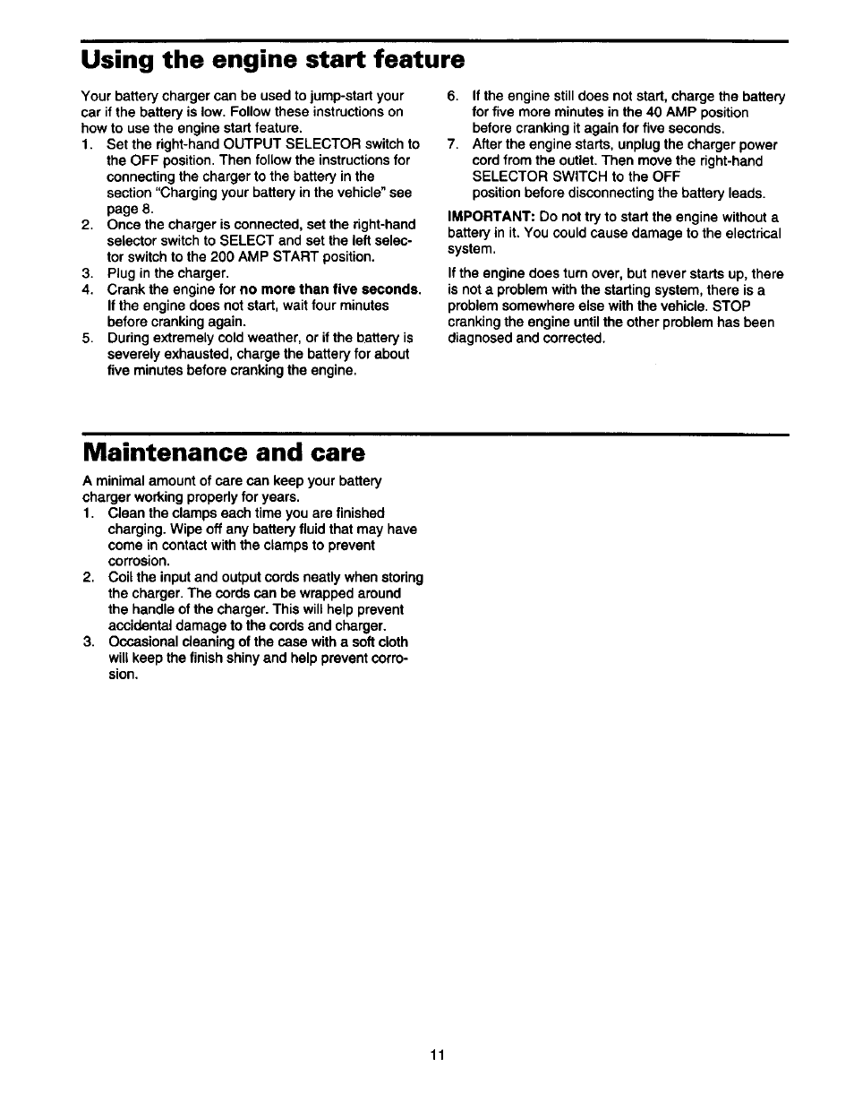 Using the engine start feature, Maintenance and care | Sears 200.7123 User Manual | Page 12 / 14