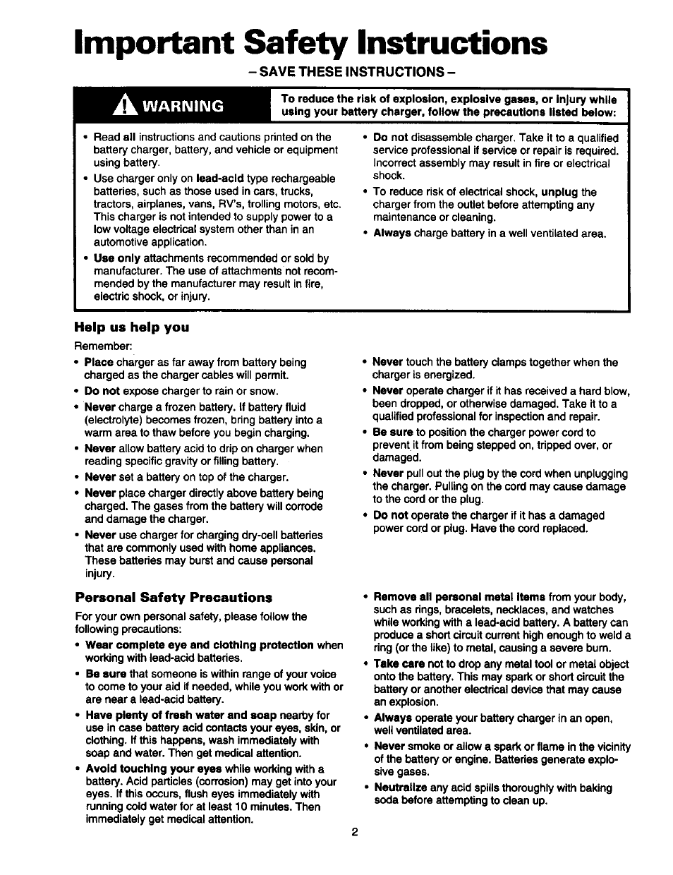 Important safety instructions, Help us help you, Personal safety precautions | Sears 200.7123 User Manual | Page 3 / 14