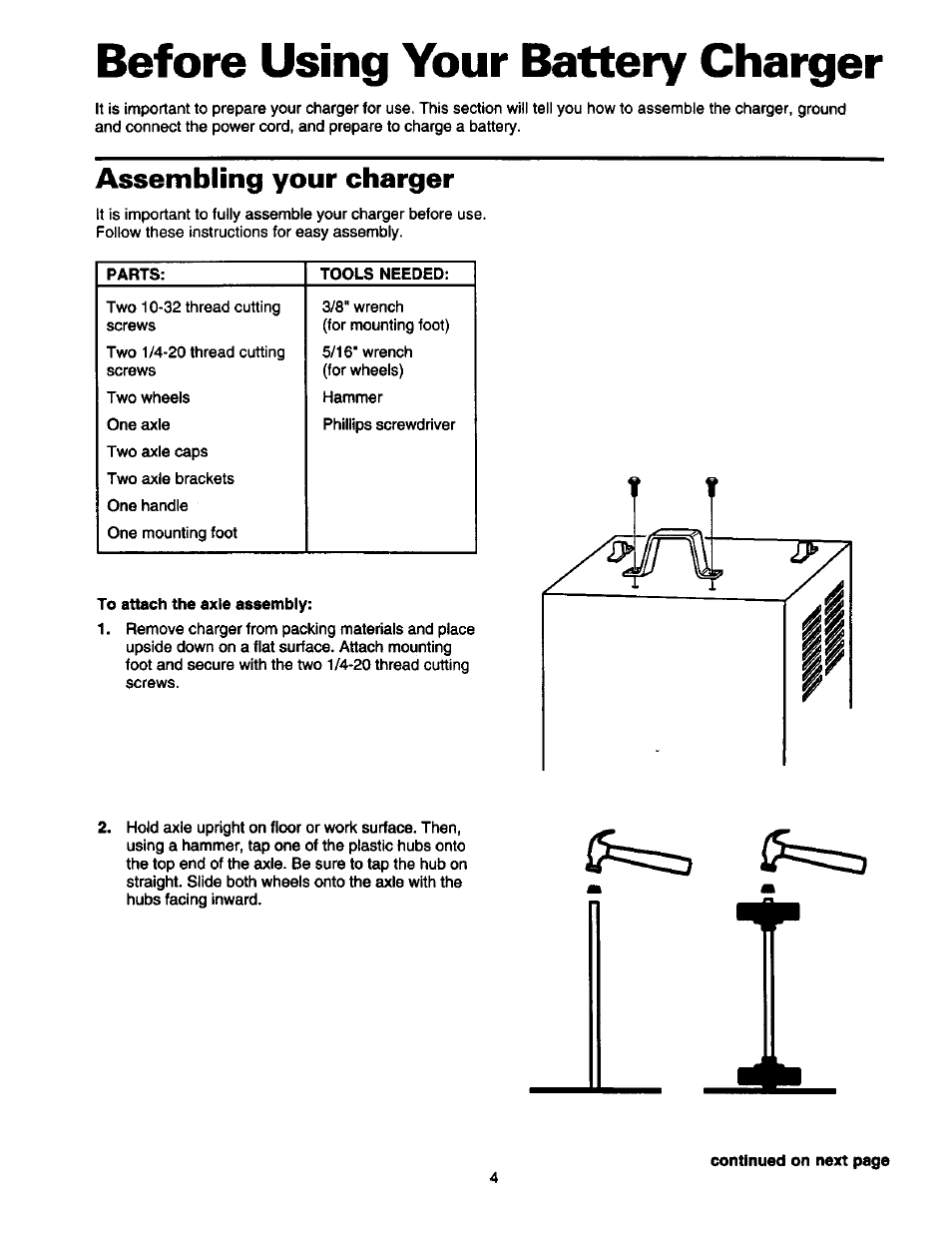 Before using your battery charger, Assembling your charger | Sears 200.7123 User Manual | Page 5 / 14