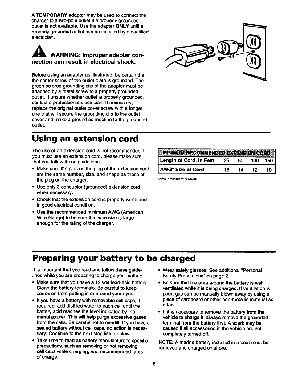 Using an extension cord, Preparing your battery to be charged | Sears 200.7123 User Manual | Page 7 / 14