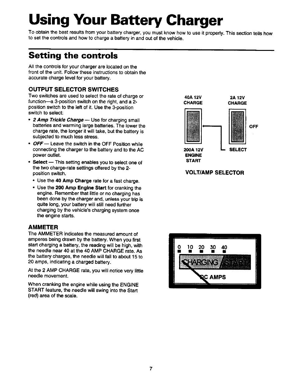 Using your battery charger, Setting the controls, Output selector switches | Ammeter | Sears 200.7123 User Manual | Page 8 / 14