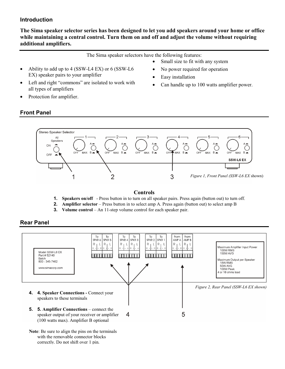 Introduction, Front panel, Rear panel | Introduction front panel rear panel | Sima Products Sima Speaker Selectors SSW-L4 EX User Manual | Page 3 / 6