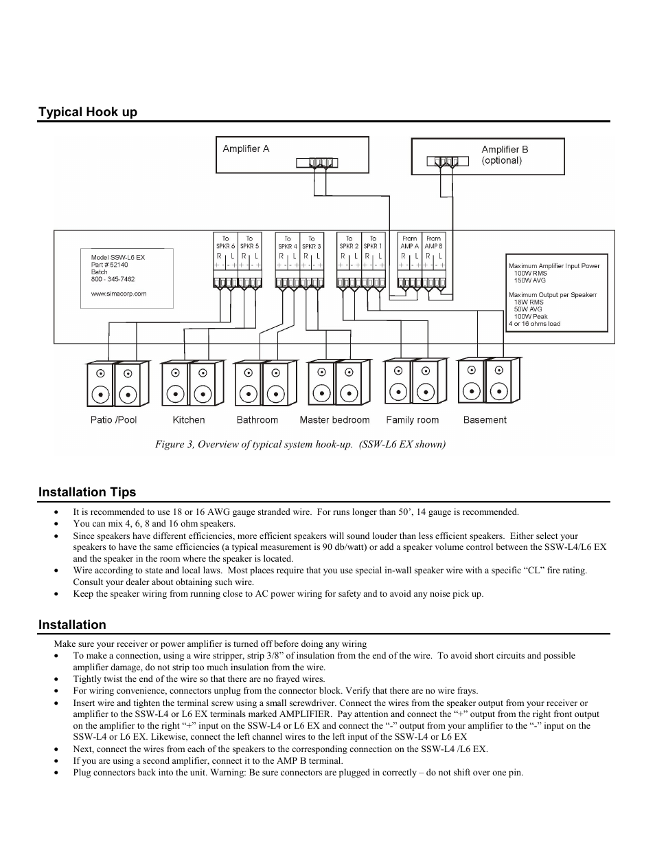 Typical hook up, Installation tips, Installation | Typical hook up installation tips installation | Sima Products Sima Speaker Selectors SSW-L4 EX User Manual | Page 4 / 6