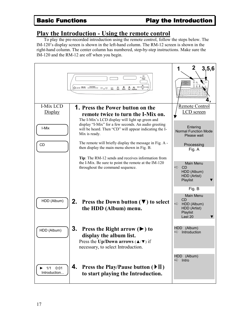 Play the introduction - using the remote control, Basic functions | Sima Products Sima I-MIX 120 User Manual | Page 17 / 61