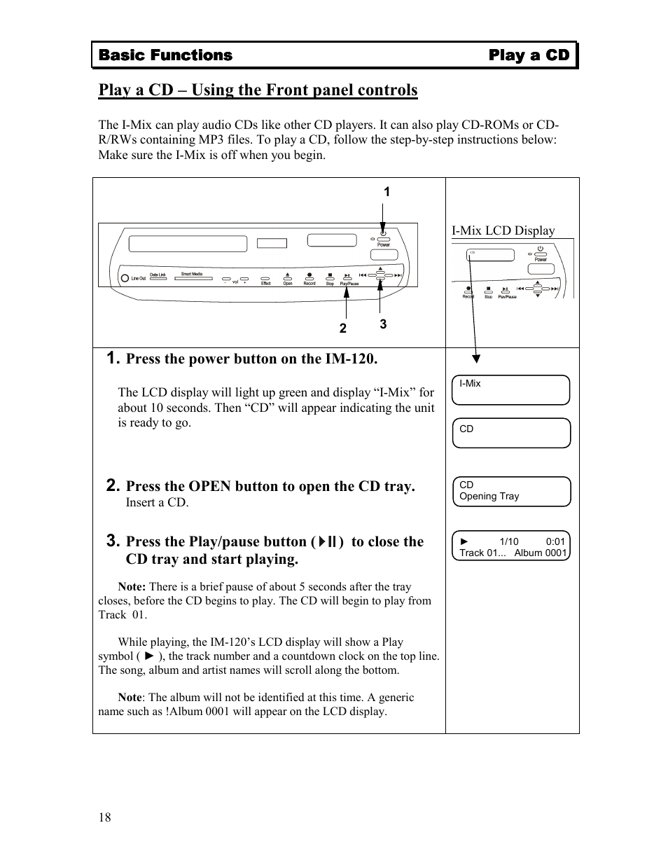 Play a cd – using the front panel controls | Sima Products Sima I-MIX 120 User Manual | Page 18 / 61