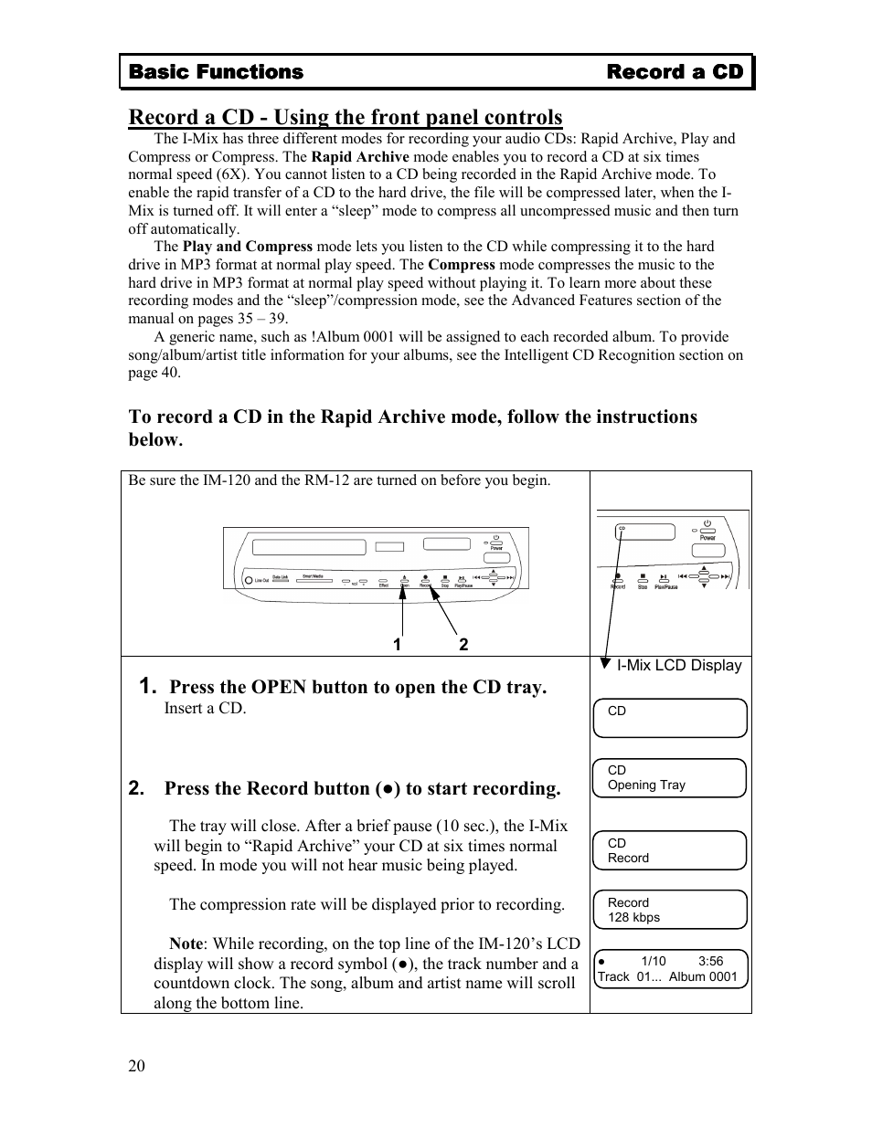 Record a cd - using the front panel controls | Sima Products Sima I-MIX 120 User Manual | Page 20 / 61