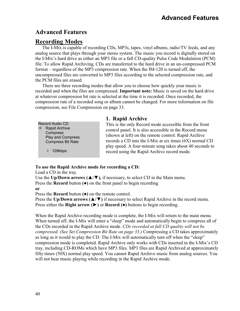 Advanced features, Advanced features recording modes | Sima Products Sima I-MIX 120 User Manual | Page 40 / 61