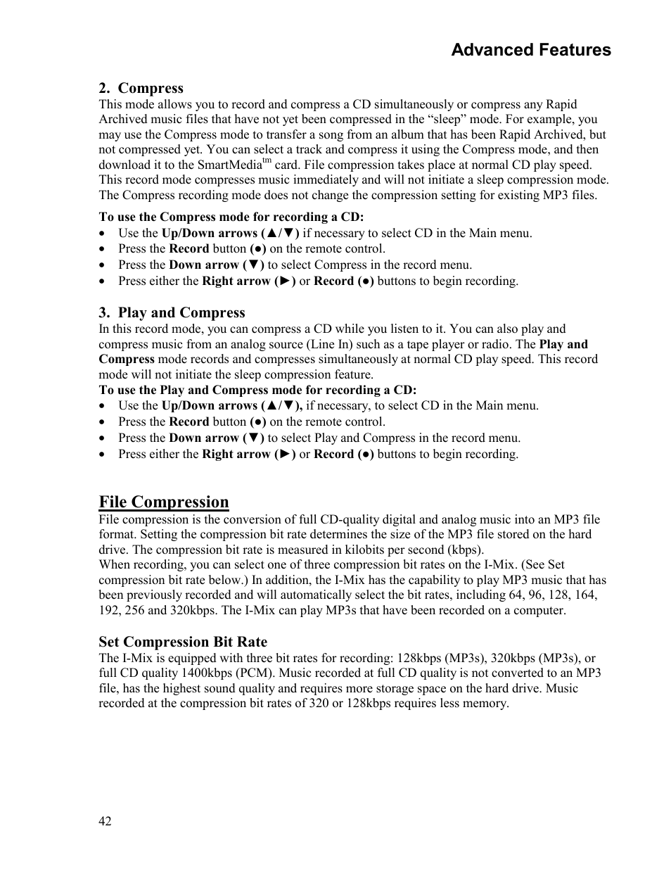 Advanced features, File compression | Sima Products Sima I-MIX 120 User Manual | Page 42 / 61