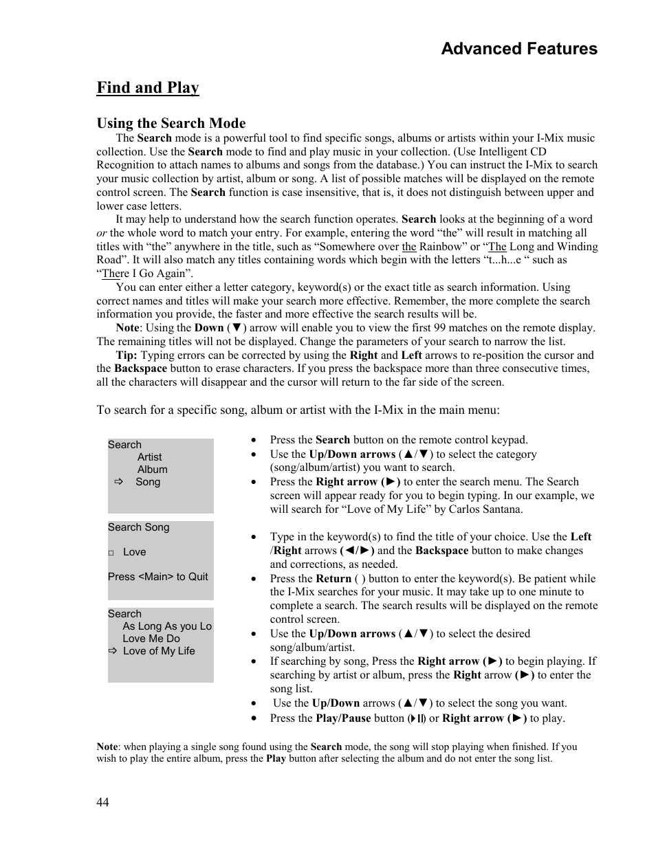 Advanced features, Find and play, Using the search mode | Sima Products Sima I-MIX 120 User Manual | Page 44 / 61