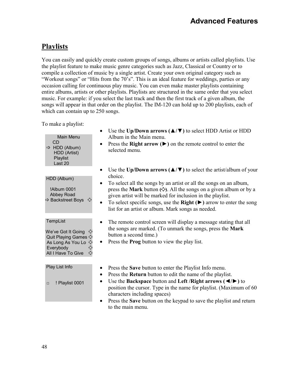 Advanced features, Playlists | Sima Products Sima I-MIX 120 User Manual | Page 48 / 61