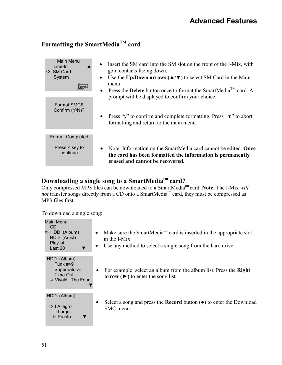 Advanced features, Formatting the smartmedia, Card | Downloading a single song to a smartmedia | Sima Products Sima I-MIX 120 User Manual | Page 51 / 61