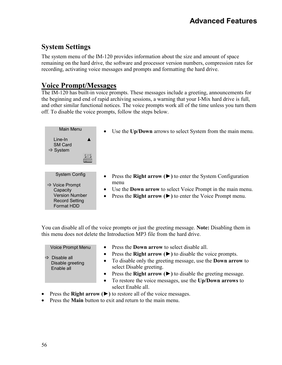 Advanced features, System settings, Voice prompt/messages | Sima Products Sima I-MIX 120 User Manual | Page 56 / 61
