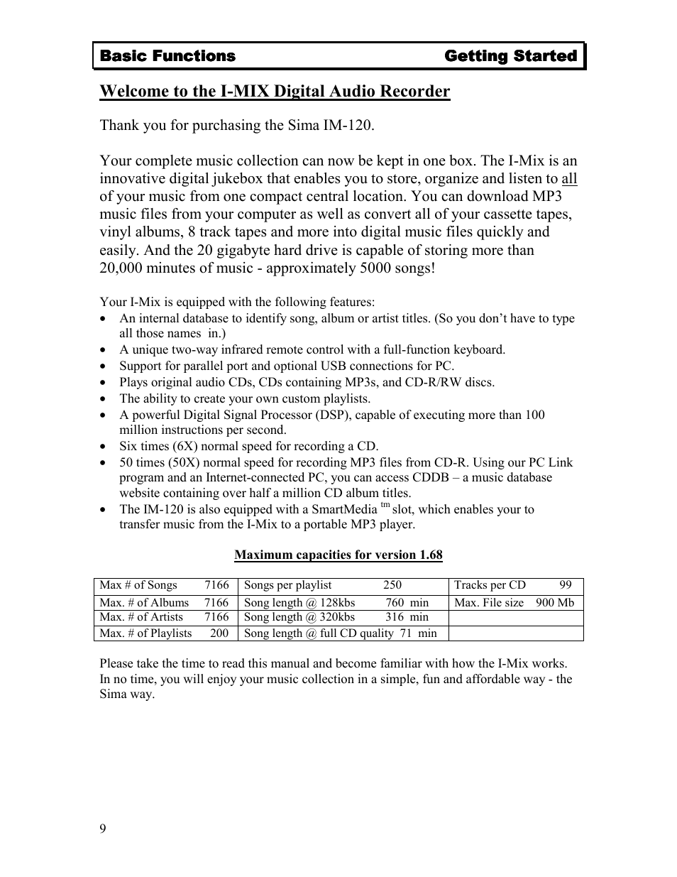 Welcome to the i-mix digital audio recorder | Sima Products Sima I-MIX 120 User Manual | Page 9 / 61