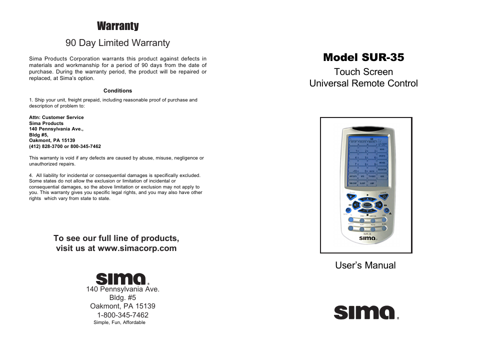 Sima Products Sima SUR-35 User Manual | 30 pages