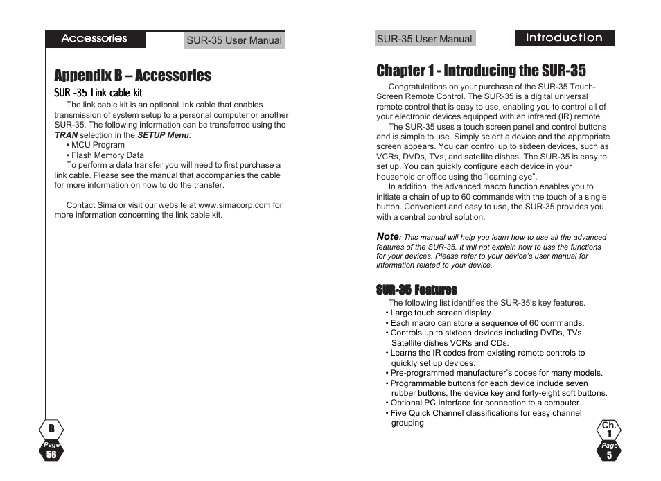 Chapter 1 - introducing the sur-35, Appendix b – accessories | Sima Products Sima SUR-35 User Manual | Page 5 / 30