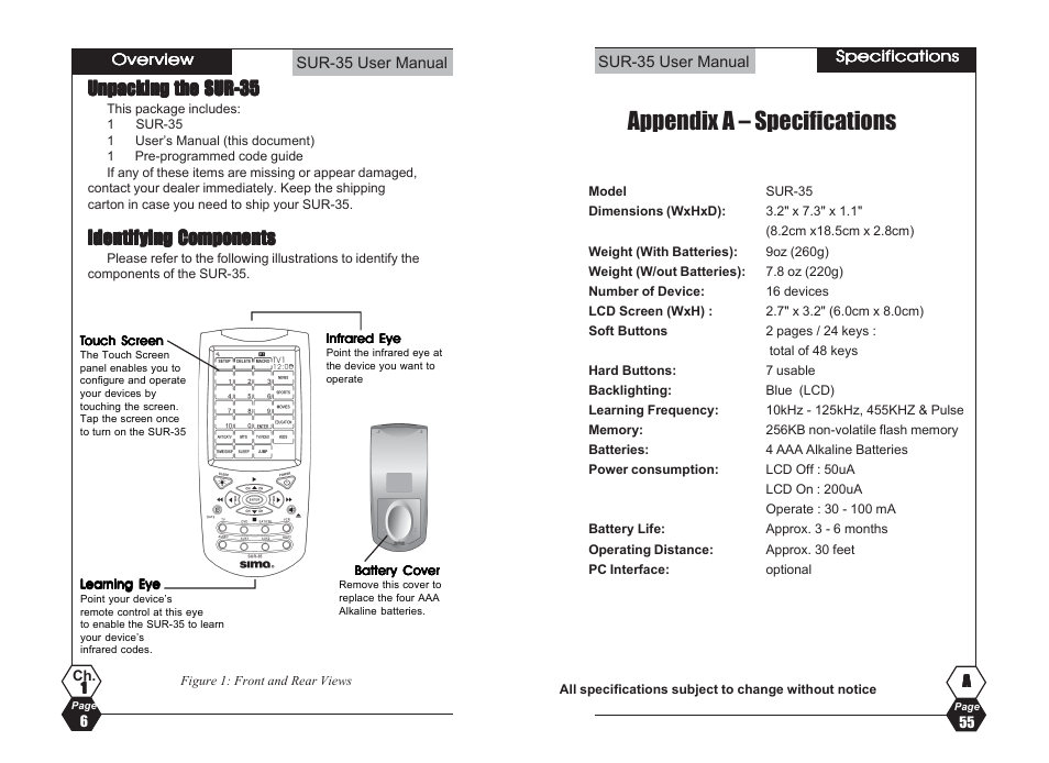 Appendix a – specifications | Sima Products Sima SUR-35 User Manual | Page 6 / 30