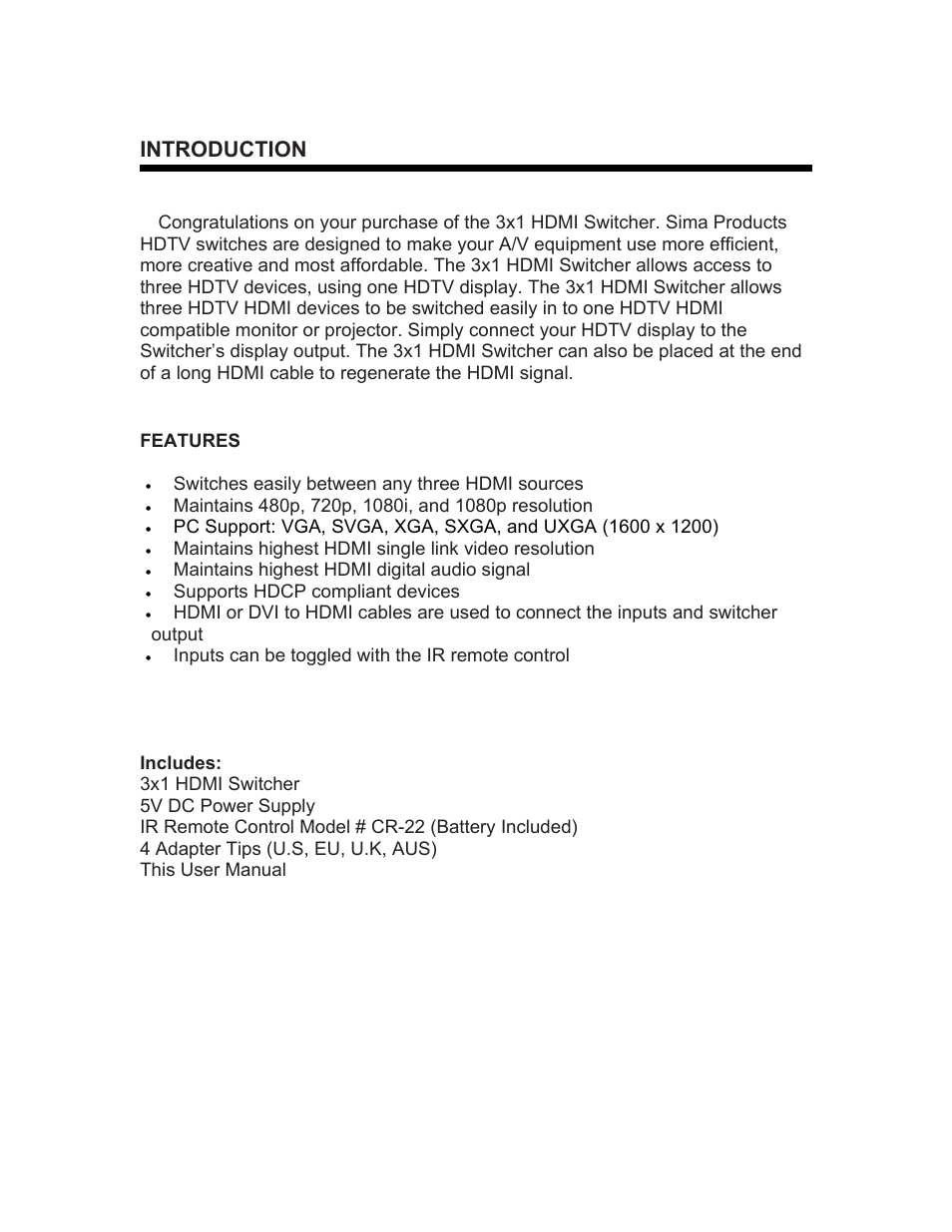 Overview / features, Supplied accessories, Introduction | Sima Products VS-HD31 User Manual | Page 3 / 6