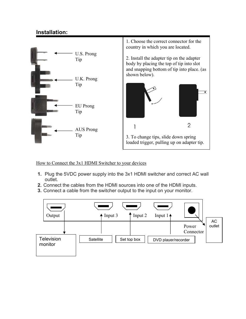 Installation / connections, Installation | Sima Products VS-HD31 User Manual | Page 5 / 6