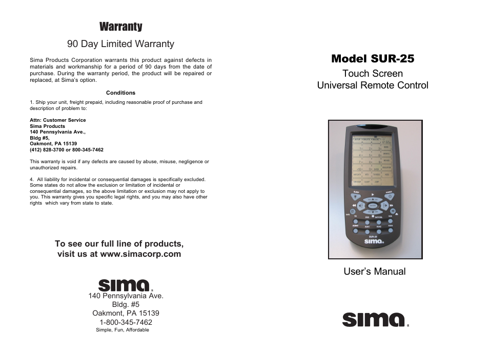 Sima Products SUR-25 User Manual | 30 pages